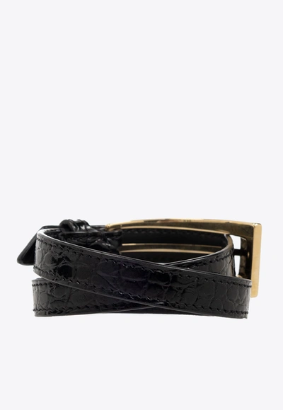 Shop Saint Laurent Double Wrap Croc-embossed Leather Bracelet In Black