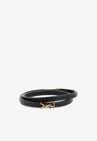 Shop Saint Laurent Double Wrap Leather Bracelet In Black