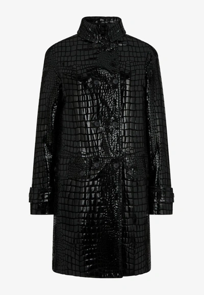 Shop Tom Ford Double-breasted Coat In Croc Embossed Leather In Black