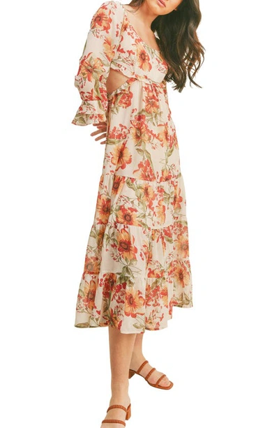 Shop Lush Floral Ruffle Cutout Tiered Maxi Dress In Cream Marsala