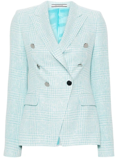 Shop Tagliatore Cotton Blend Double-breasted Jacket In Clear Blue