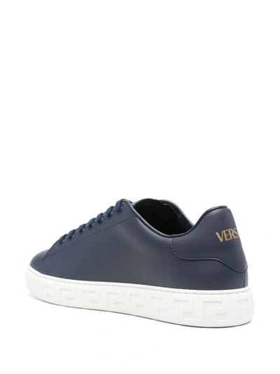 Shop Versace Greca Leather Sneakers In Blue