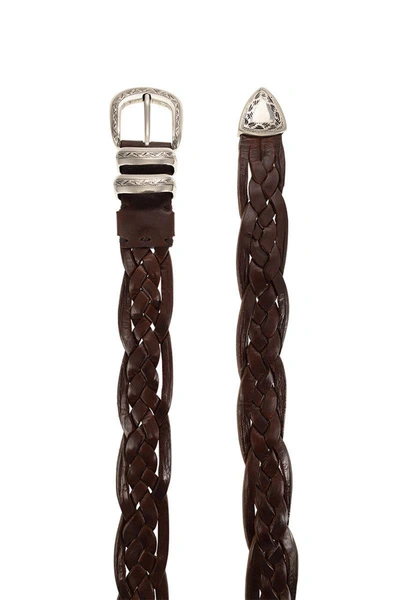 Shop Brunello Cucinelli Braided Calfskin Belt With Detailed Buckle And Tip In Tobacco