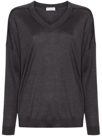 Shop Brunello Cucinelli Cashmere And Silk Blend V-necked Sweater In Grey