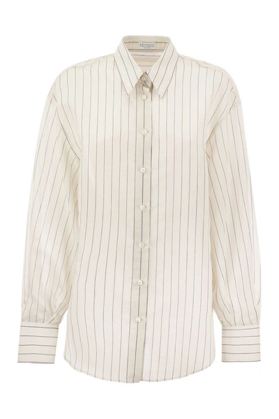 Shop Brunello Cucinelli Sparkling Stripe Cotton-silk Poplin Shirt With Necklace In White