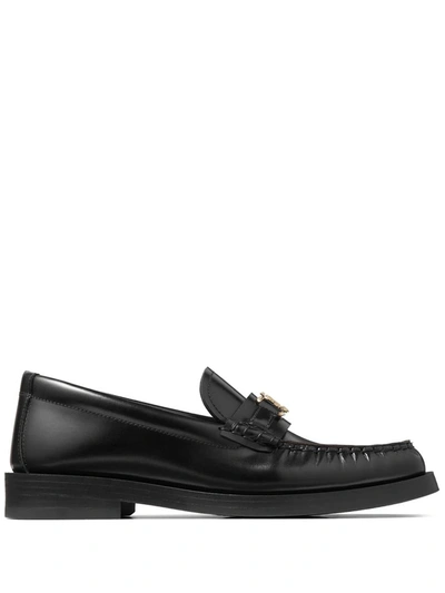 Shop Jimmy Choo Addie Leather Loafers With Logo Plaque In Black