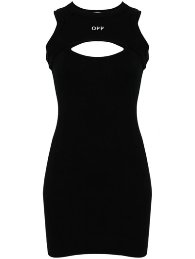 Shop Off-white Logo Cotton Ribbed Mini Dress In Black