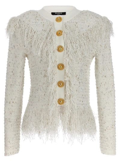 Shop Balmain Glittered Fringed Blazer And Suits In White