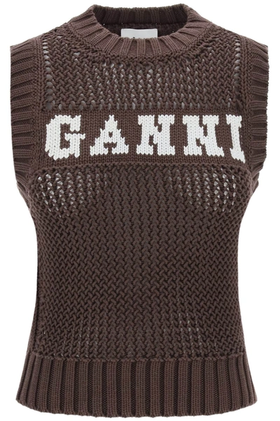 Shop Ganni Open Stitch Knitted Vest With Logo In Brown
