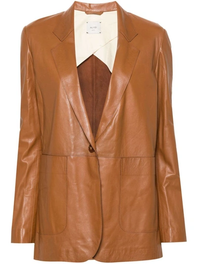 Shop Alysi Metallic Leather Single-breasted Jacket In Leather Brown