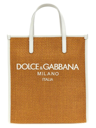 Shop Dolce & Gabbana Logo Embroidery Shopping Bag In Beige