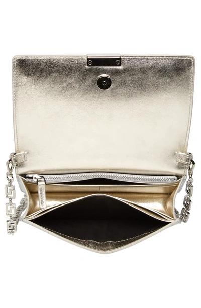 Shop Versace La Greca Croc Embossed Metallic Leather Wallet On A Chain In Silveralladium