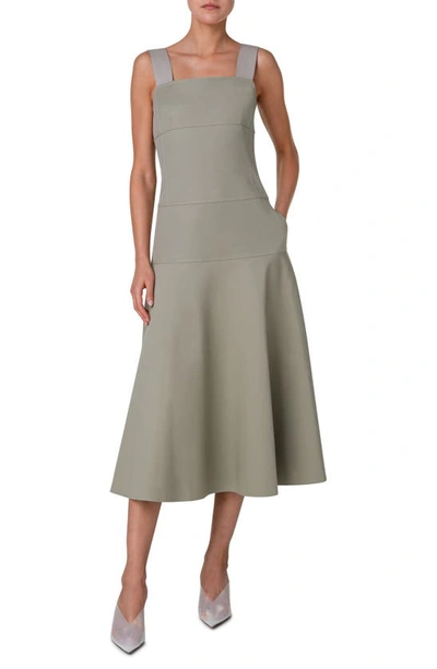 Shop Akris Punto Square Neck Cotton Twill Midi Dress In Sage