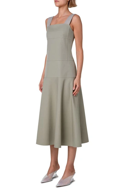 Shop Akris Punto Square Neck Cotton Twill Midi Dress In Sage