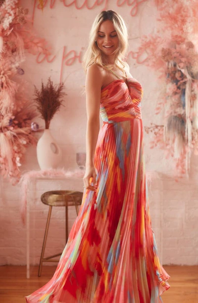 Shop Xscape Print Pleated Gown In Fuchsia / Pink/ Multi