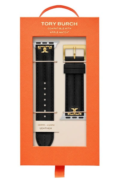 Shop Tory Burch The Kira Leather 20mm Apple Watch® Watchband In Black
