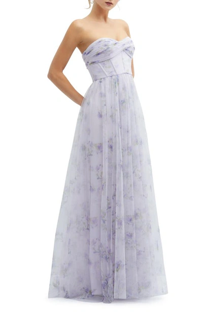 Dessy Collection Floral Print Strapless Tulle In Lilac Haze Garden