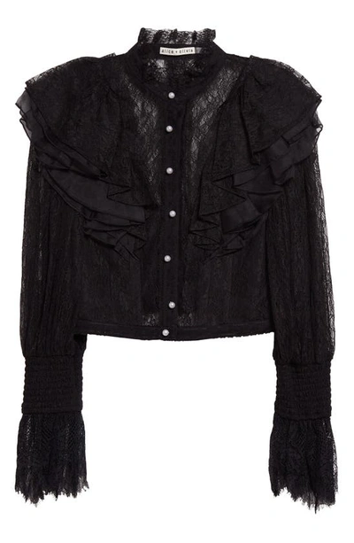 Shop Alice And Olivia Alice + Olivia Delpha Ruffle Lace Blouson Sleeve Top In Black
