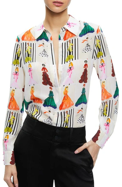Shop Alice And Olivia Willa Stack Face Print Silk Button-up Shirt In Romantic Stace