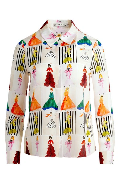 Shop Alice And Olivia Willa Stack Face Print Silk Button-up Shirt In Romantic Stace