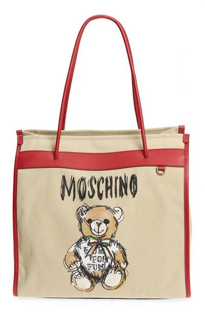 Shop Moschino Bear Graphic Canvas Tote In A3081 Fantasy Print Beige