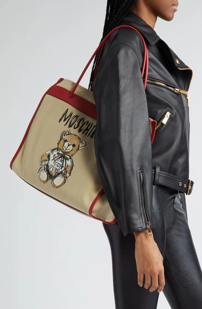 Shop Moschino Bear Graphic Canvas Tote In A3081 Fantasy Print Beige