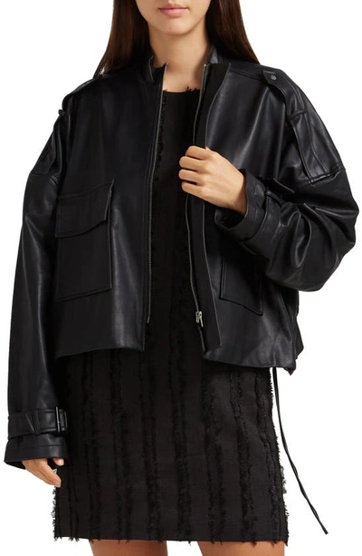 Shop Belle & Bloom Reload Draped Faux Leather Jacket In Black