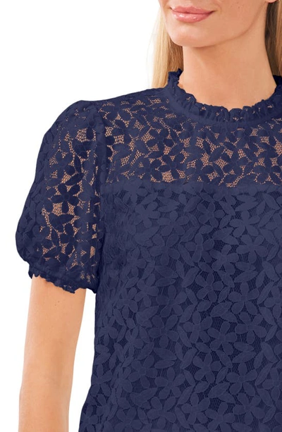 Shop Cece Puff Sleeve Floral Lace Blouse In Classic Navy
