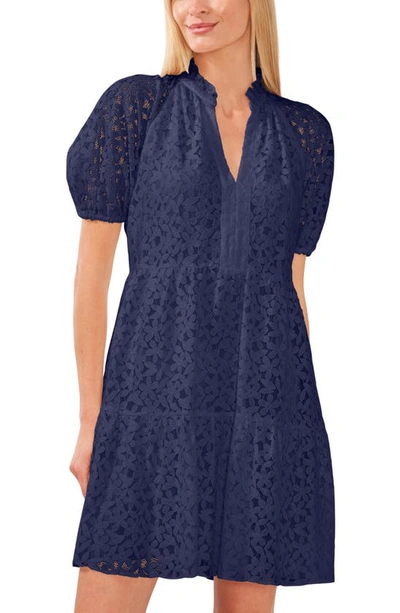 Shop Cece Puff Sleeve Babydoll Lace Minidress In Classic Navy