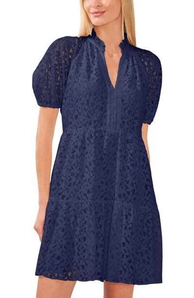 Cece Puff Sleeve Babydoll Lace Minidress In Classic Navy