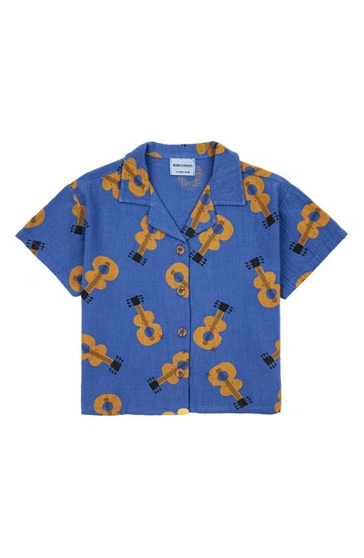 Shop Bobo Choses Kids' Guitar Print Short Sleeve Cotton Button-up Shirt In Navy Blue