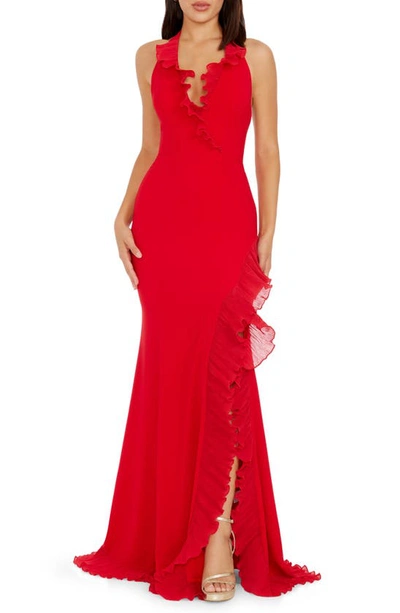 Shop Dress The Population Kathleen Ruffle Halter Gown With Train In Rouge