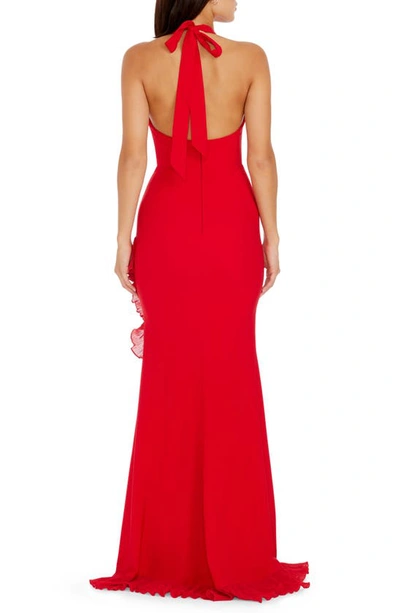 Dress The Population Kathleen Ruffle Halter Gown With Train In Rouge
