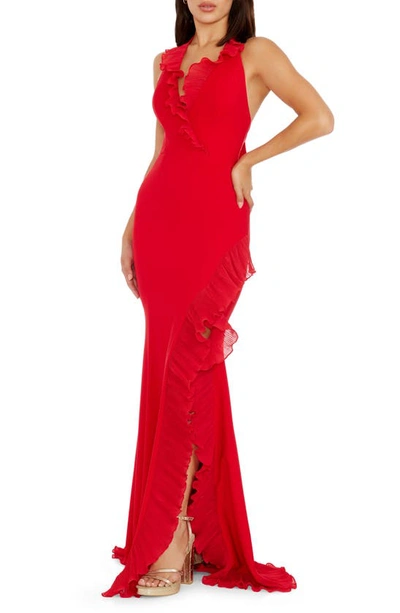 Dress The Population Kathleen Ruffle Halter Gown With Train In Rouge