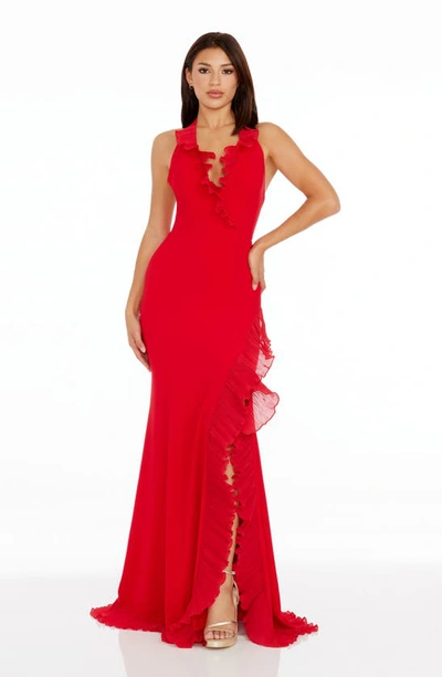 Dress The Population Kathleen Ruffle Halter Gown With Train In Rouge