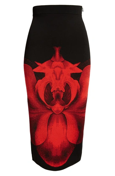 Shop Alexander Mcqueen Orchid Print Pencil Skirt In 1023 Black/ Red