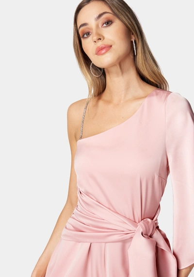 Shop Bebe Asymmetric Sleeve Rhinestone Strap Satin Romper In Peony