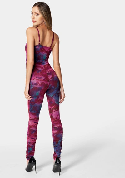 Bebe Printed Sleeveless Mesh Corset Jumpsuit In Aquarelle Floral Print