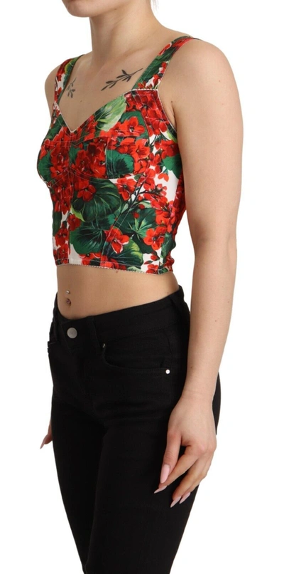 Dolce & Gabbana Red Geranium Print Viscose Sweetheart Cropped Top In Red