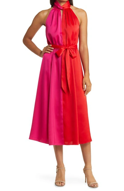 Shop Anne Klein Twist Neck Belted Colorblock Midi Dress In Poppy/ Amaranth