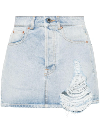 Shop Vetements Women Destroyed Denim Mini Skirt In Blue