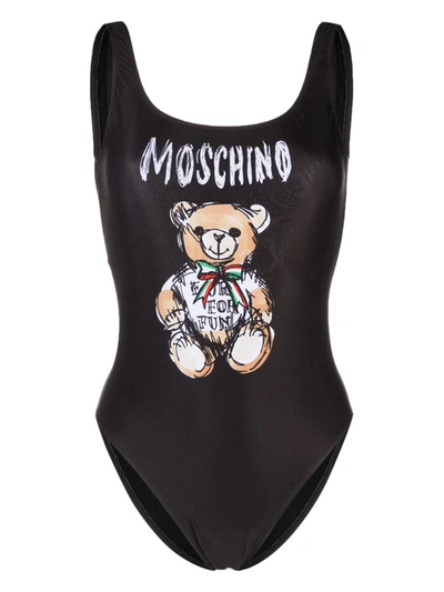 Shop Moschino Teddy Bear One-piece Swimsuit With Print In Black