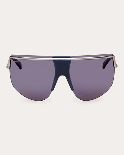 Shop Max Mara Women's Shiny Blue & Smoke Mirror Shield Sunglasses