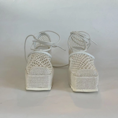 Pre-owned Bottega Veneta White Woven Mesh And Leather Espadrille Wedge Ankle Wrap Sandals