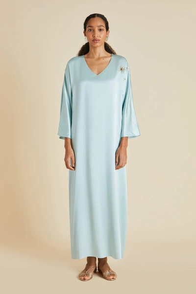 Shop Olivia Von Halle Vreeland Incantation Blue Embellished Sandwashed Silk Dress