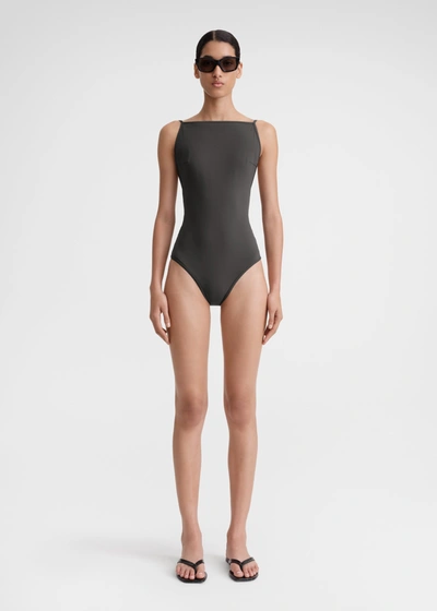 Shop Totême Boat-neck Swimsuit Anthracite