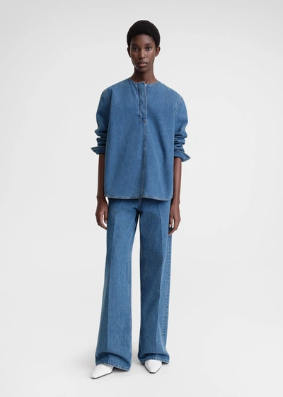 Shop Totême Collarless Denim Shirt Vibrant Blue