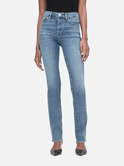 Shop Frame Le High Straight Long Jeans In Blue