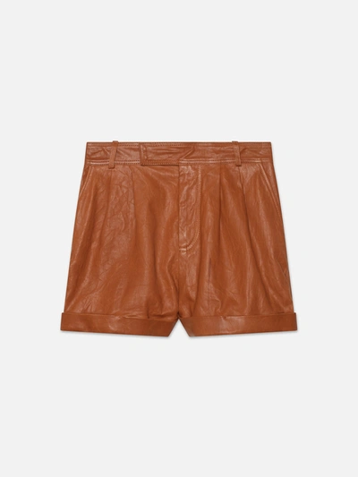Shop Frame Pleated Wide Cuff Leather Shorts Light Whiskey