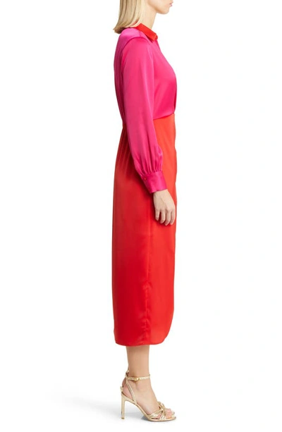 Shop Anne Klein Colorblock Long Sleeve Satin Faux Wrap Dress In Poppy/ Amaranth